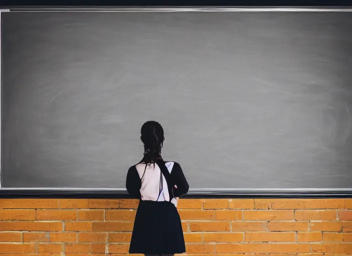 Prompt: a 2 8 mm macro photo from the back of a teacher standing in front of a blank chalkboard, symmetrical, bokeh, canon 5 0 mm, cinematic lighting, film, photography, depth of field, award - winning, bokeh