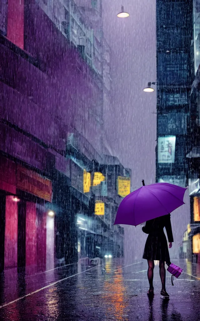 Prompt: a woman holding a purple umbrella walking on the wet street on a rainy night in a hong kong by wes anderson and makoto shinkai. dramatic lighting. cel shading.