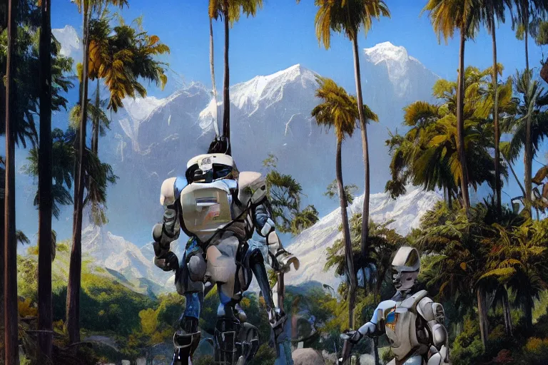 Image similar to natural american landscape | robot greeting another robot | palm trees | snowy mountains, painting by syd mead and weta studio and james jean, frank frazetta, highly detailed, rule of third, soft lighting, 8 k resolution, oil on canvas, architectural magazine, beautiful detailed, insanely intricate details, artstation trending, hypermaximalistic, high details, cinematic