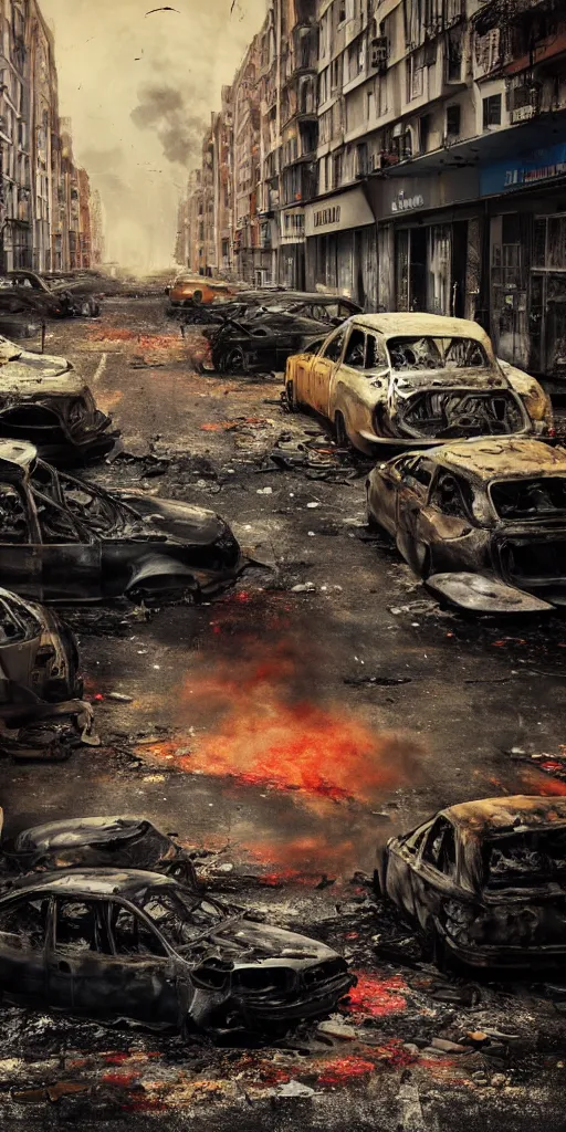 Image similar to post - apocalyptic kreuzberg streets, burned cars, explosions, colorful smoke, hyperrealistic, gritty, damaged, dark, urban photography, photorealistic, high details