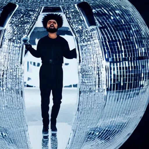 Prompt: the weeknd inside a huge disco ball, wearing black jumpsuit and holding a microphone, hyper detailed, realistic, octane render, sharpness