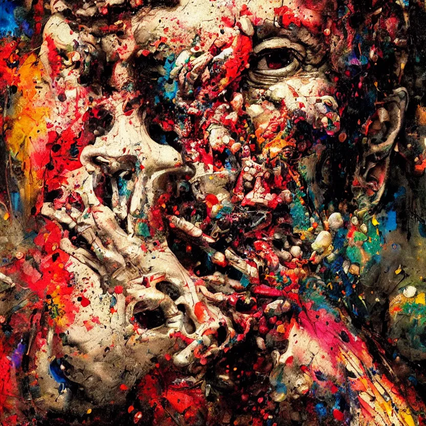 Prompt: close - up renaissance portrait of a man holding a colorful skull covered in splattered paint. dark lighting. black background. highly detailed science - fiction painting by norman rockwell, moebius, frank frazetta, syd mead, donato giancola. rich colors, high contrast. artstation