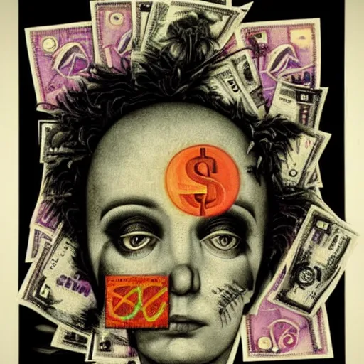 Image similar to post - punk new age album cover, asymmetrical design, frame of a dollar bank notes, capitalism, magic, apocalypse, psychedelic, black white pink, magic, giger h. r., giuseppe arcimboldo