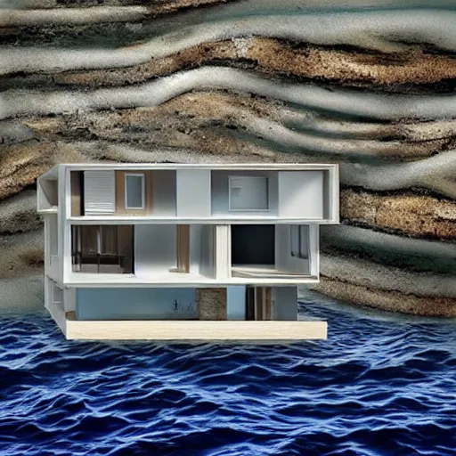 Image similar to a house half submerged in the ocean.