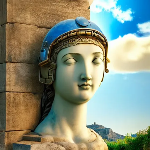 Image similar to beatiful young greek godess in steel helmet looking from a giant Zeus head, greek temple of olympus glory island little wood bridge painting of tower ivy plant in marble late afternoon light, wispy clouds in a blue sky, by frank lloyd wright and greg rutkowski and ruan jia