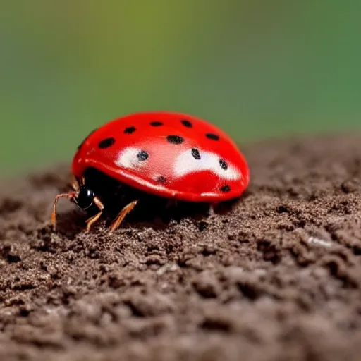 Prompt: a tiny world made of mud, there is a big red ladybug crawling in the middle, ambient light, beautiful photography