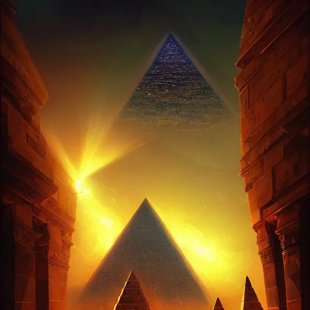 Prompt: the illuminati eye opening up from an orb above a pyramid, atmospheric lighting, intricate, volumetric lighting, beautiful, sharp focus, ultra detailed, in the art style of marc simonetti, bowater charlie and brom gerald, astrophotography