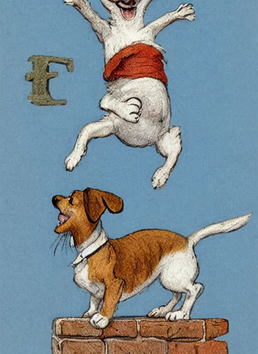 Prompt: jack russel terrier jumping off of brick structure, illustrated by peggy fortnum and beatrix potter and sir john tenniel