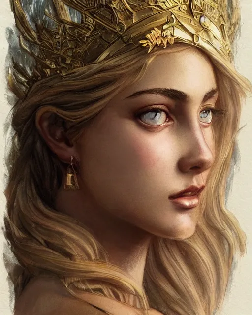 Image similar to front view of beautiful aphrodite greek goddess wearing a gold laurel wreath and triangle earrings, realism tattoo sketch, beautiful piercing eyes with sharp pupils, beautiful blonde hair, in the style of greg rutkowski, fantasy, amazing detail, epic, elegant, smooth, sharp focus