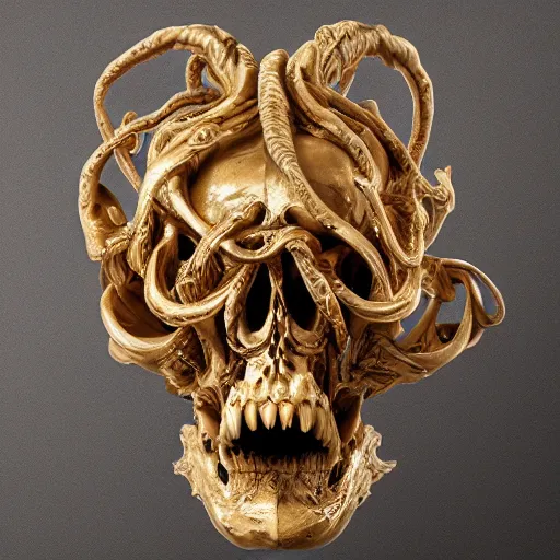 Prompt: Baroque intricately detailed marble cthulhu skull sculpture, with rococo gold details, sculpted by Bernini