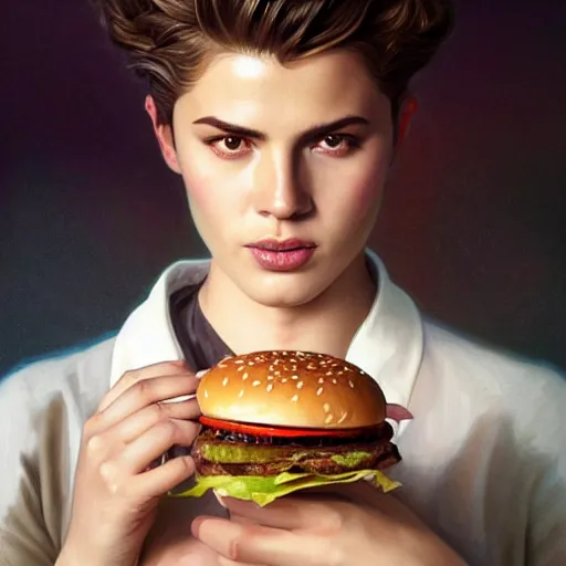 Prompt: portrait of ronaldo eating hamburgers, extra onions and ketchup, luscious patty with sesame seeds, feminine ethereal, handsome, d & d, fantasy, intricate, elegant, highly detailed, digital painting, artstation, concept art, matte, sharp focus, illustration, art by artgerm and greg rutkowski and alphonse mucha