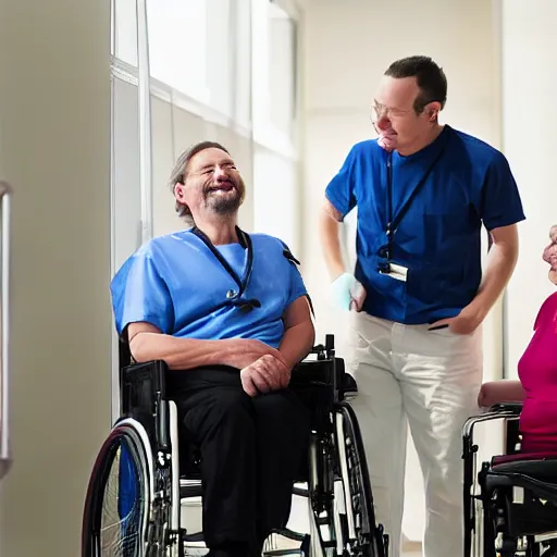 Prompt: a male patient in a wheelchair in the hospital with his wife and son standing by. happy, cheerful, smiling, intricate, sharp focus, cinematic lighting, 8 k, art by emiliya lane, margaret dyer