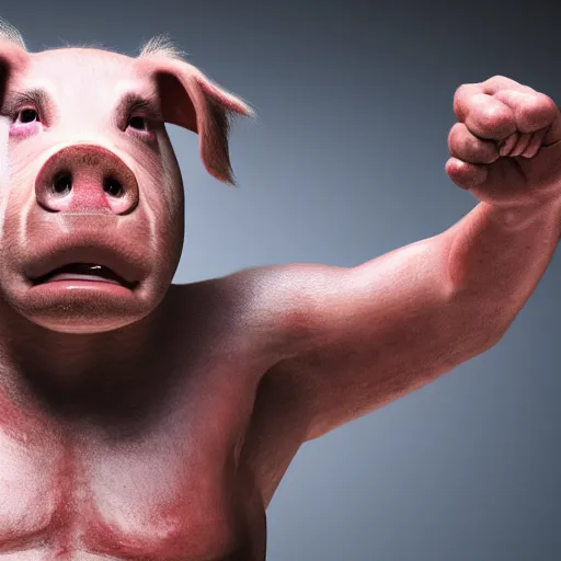 Image similar to Live Action Still Pig Man As Boxer with his hands raised in victory, real life, hyperrealistic, ultra realistic, realistic, highly detailed, epic, HD quality, 8k resolution, body and headshot, film still,Exquisite detail, post-processing, masterpiece, Cinematic Lighting, Unreal Engine, 8k, HD