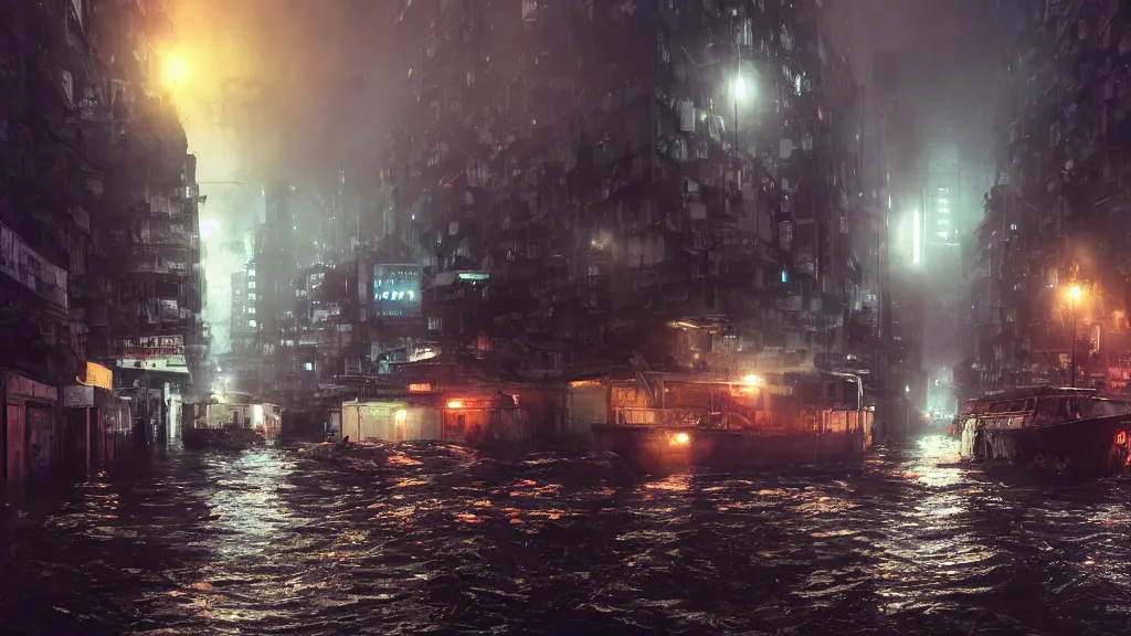 Prompt: dramatic Photorealistic, Matte Painting of a tug boat with bright head lights exploring post apocalyptic flooded Hong Kong city street at night,dark Tall buildings by Greg Rutkowski,Craig Mullins,Hyperrealism,Beautiful dramatic moody lighting,Cinematic Atmosphere,Volumetric,VRay Rendering,8K