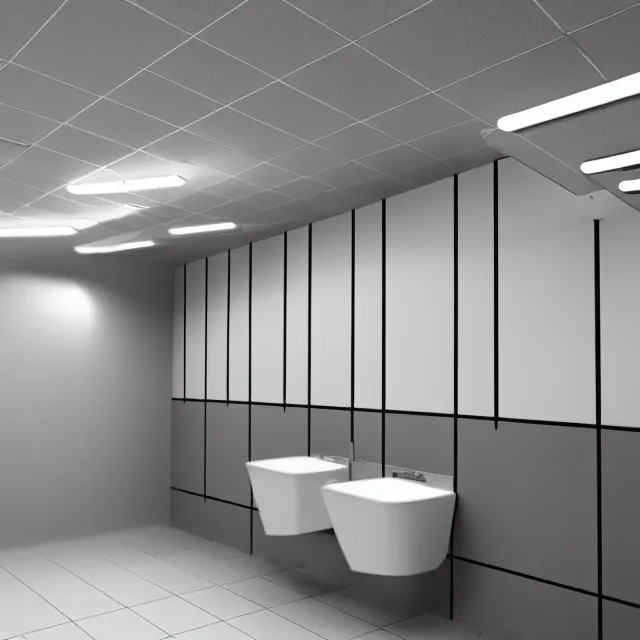 Prompt: a public restroom extending backwards infinitely, bright lighting, octane render, photorealistic, ultrawide shot