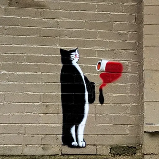 Image similar to Street art of an alcoholic cat who drink wine, by banksy