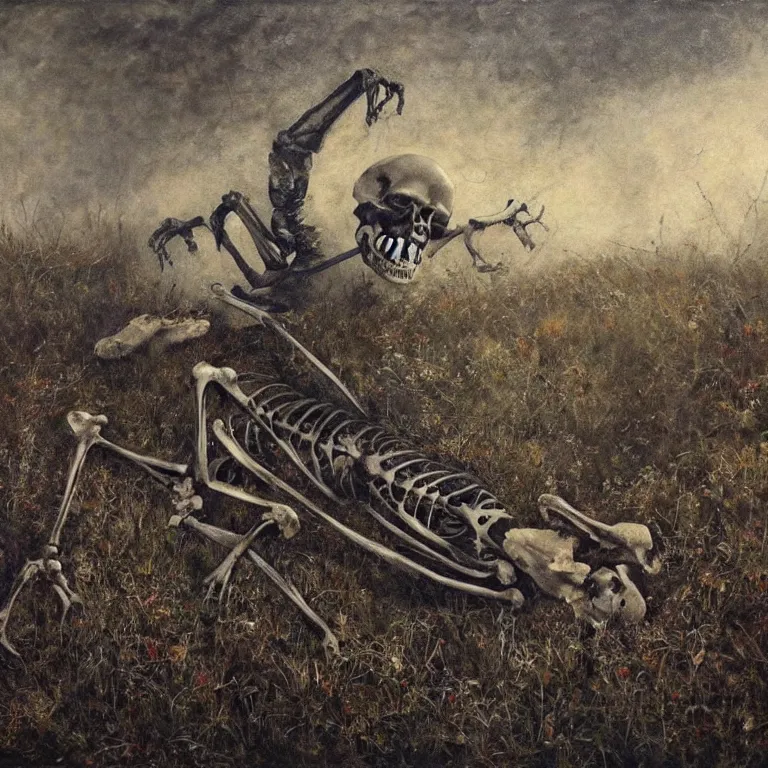 Prompt: dark, beautiful atmospheric painting of decaying skeleton and bones. in a meadow