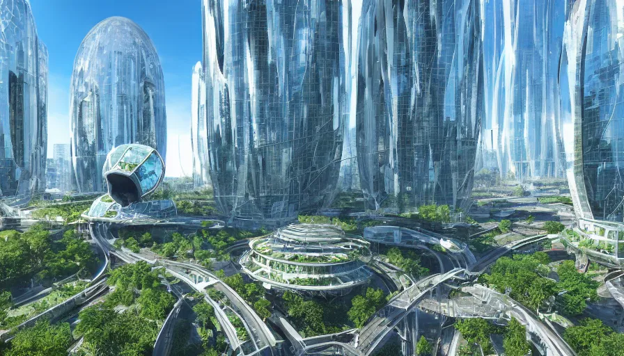 Prompt: futuristic ecological berlin with white glass domes, blue great skyscrapers, green alleys, highways, sunny day by roger magrini, hyperdetailed, artstation, cgsociety, 8 k