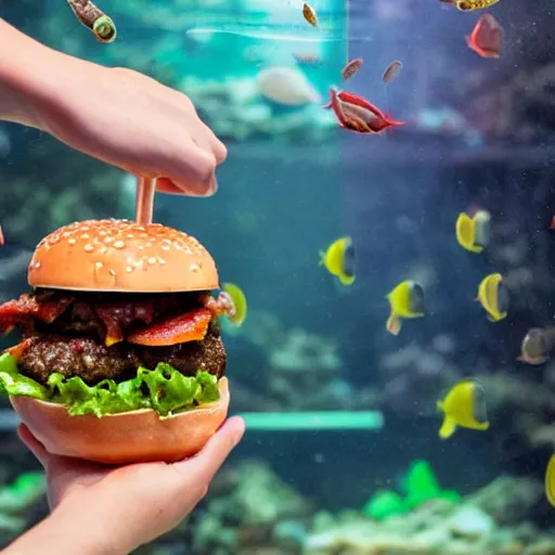 Prompt: a juicy hamburger in a giant aquarium with coke instead of water