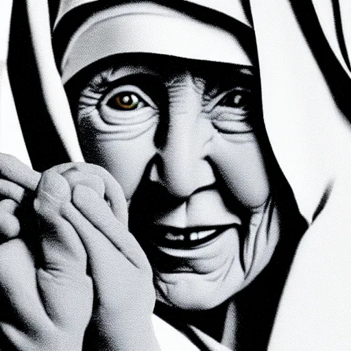 Image similar to pov mother theresa pointing a submachine at the camera, 3d model, hyperrealistic, dynamic shadows, dynamic lighting