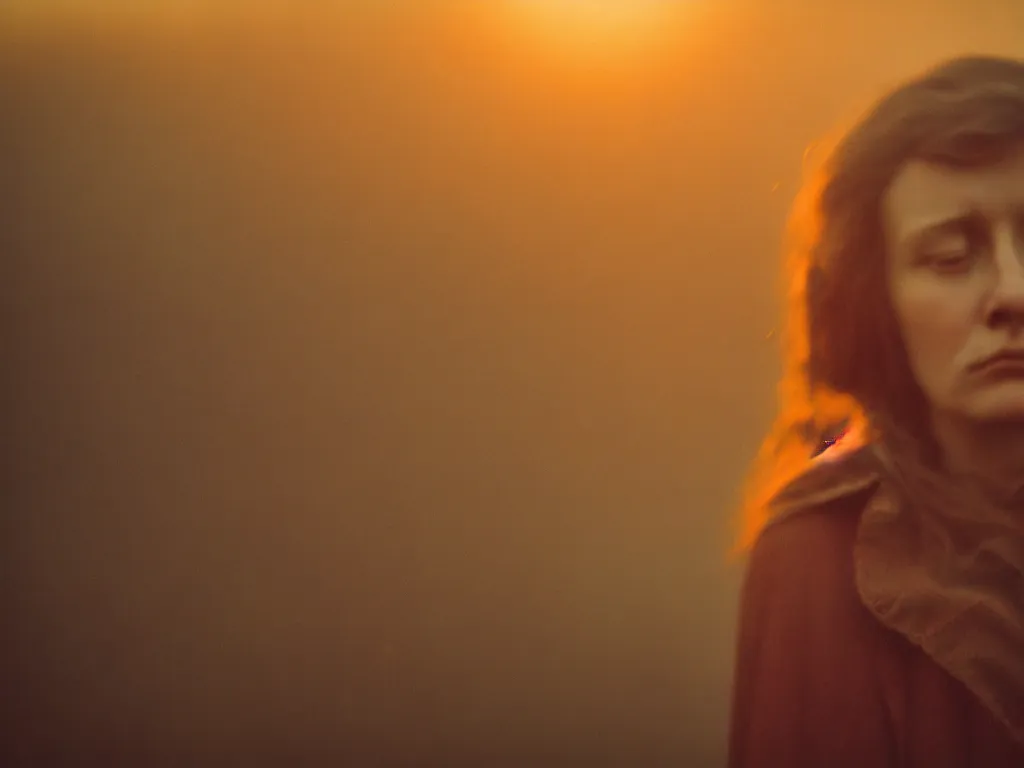 Image similar to close up portrait bust of woman, solemn expression, faded color film, russian cinema, tarkovsky, kodachrome, heavy forest, wood cabin in distance, long brown hair, old clothing, heavy fog, atmospheric haze, brown color palette, sunset, low light, hudson river school, 4 k, dramatic lighting