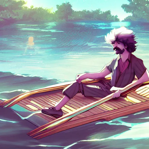 Prompt: Mark Twain as Huckleberry Finn, riding a raft down the mississippi, ambient lighting, 4k, anime key visual, lois van baarle, ilya kuvshinov, rossdraws, artstation