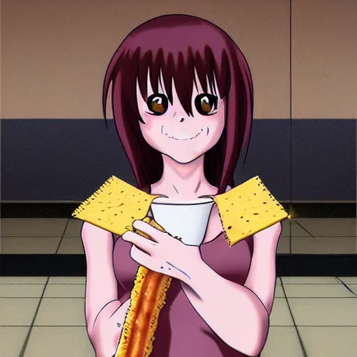 Prompt: lucy from elfen lied crying while eating a double cheese burger in the mcdonalds restroom, anime key visual, digital art