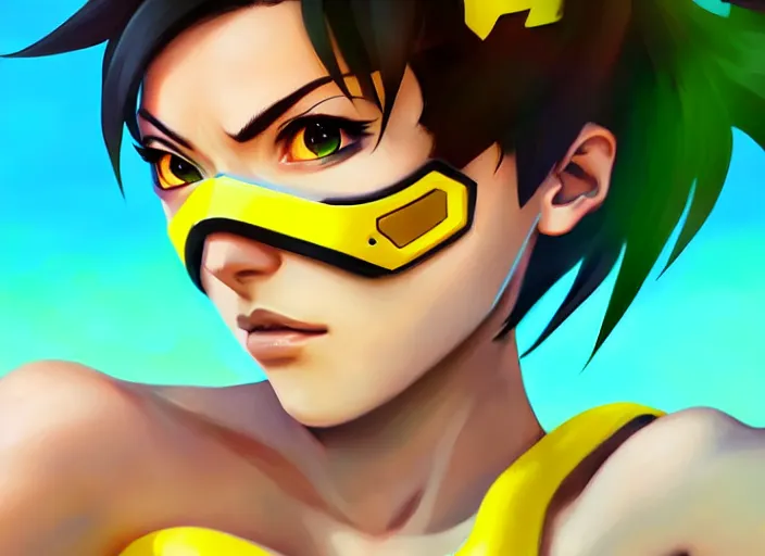 Prompt: overwatch tracer, clean face, with a very beautiful symmetrical face, winks, in a yellow bikini, against the background of a sea beach, in art style, eye color green, hair color, green, high detail, digital painting, hyperrealism