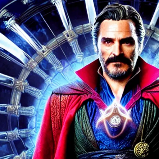 Image similar to A still of Joaquin Phoenix as Dr. Strange. Extremely detailed. Beautiful. 4K. Award winning.