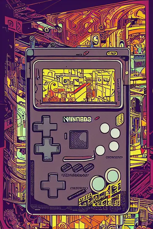 Image similar to nintendo gameboy, italian futurism, da vinci, dan mumford, josan gonzalez