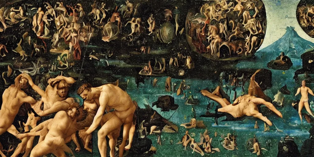 Image similar to leonardo di caprio being cut in half, in the style of bosch's garden of earthly delights