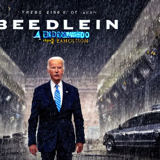 Image similar to joe biden wakes up, 4k, end of time, heavy rain, ruined sci fi civilization