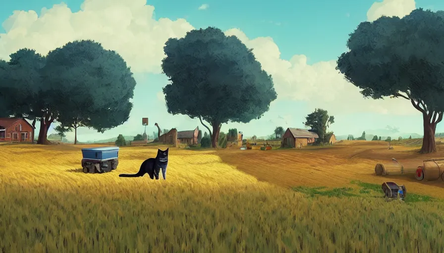 Image similar to gigantic cat next to the small house, wheat field harvesting, big tree, person, matte painting, art station, blue sky, simon stalenhag