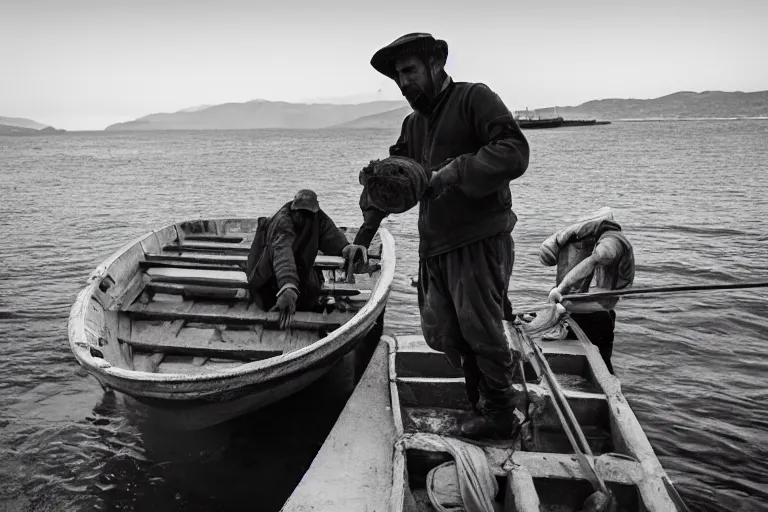 Image similar to cinematography Greek fisherman loading their boat by Emmanuel Lubezki