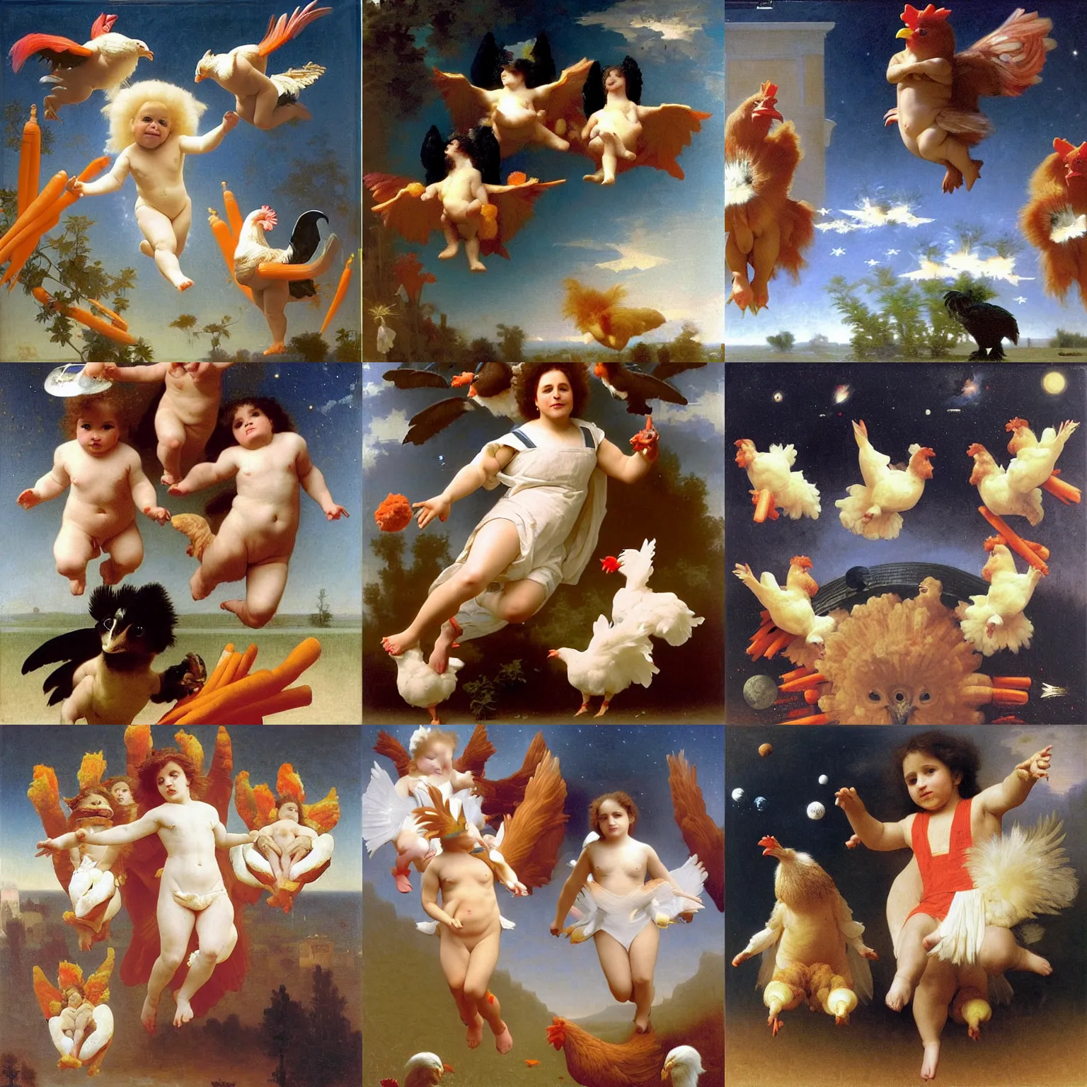 Prompt: Danny DeVito as a formation of intergalactic adorably cute chickens flying through the galaxy looking for a habitable planet made of ranch dip cups and carrots painted by William-Adolphe Bouguereau