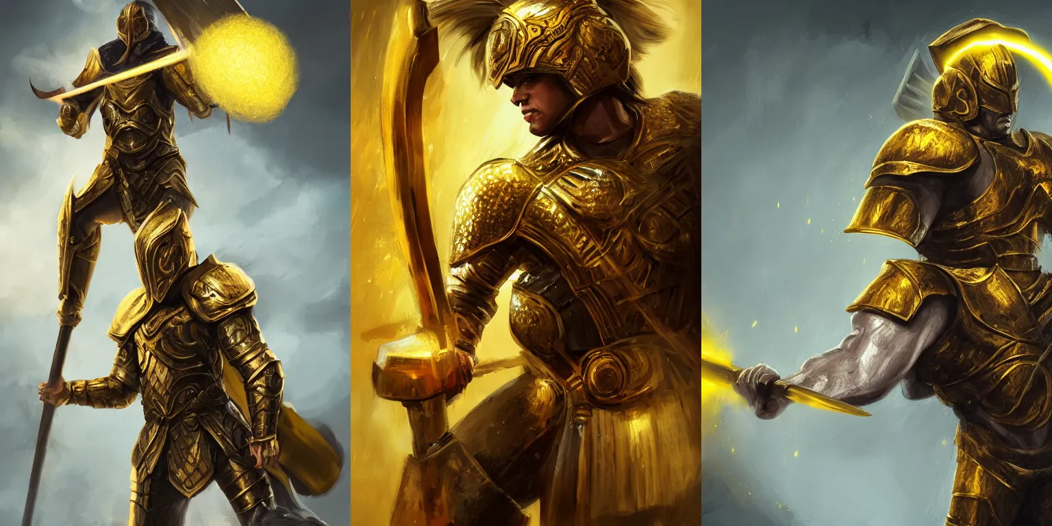 Prompt: Half-length portrait of a warrior in gold heavy armor, weaving a huge hammer. Lighting, yellow flash, bloom. Fantasy, digital painting, HD, 4k, highly detailed, concept art, posing.