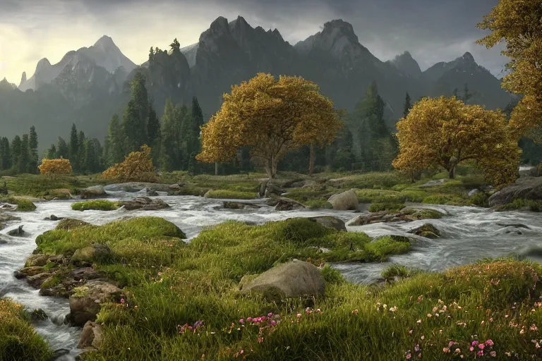 Image similar to A flowery meadow with a large tree in the left and a river on the right with rocky sides, a wooden bridge on the right and realistic mountains in the background, a slightly overcast sky at sunrise. ultra realistic, matte painting, concept art, 4k, trending on artstation, octane render, wide lens.