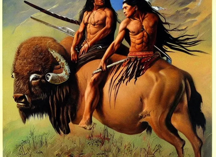 Prompt: powerful native american warrior!! beautiful native american sitting on bison, buffalo, painted by frank frazetta