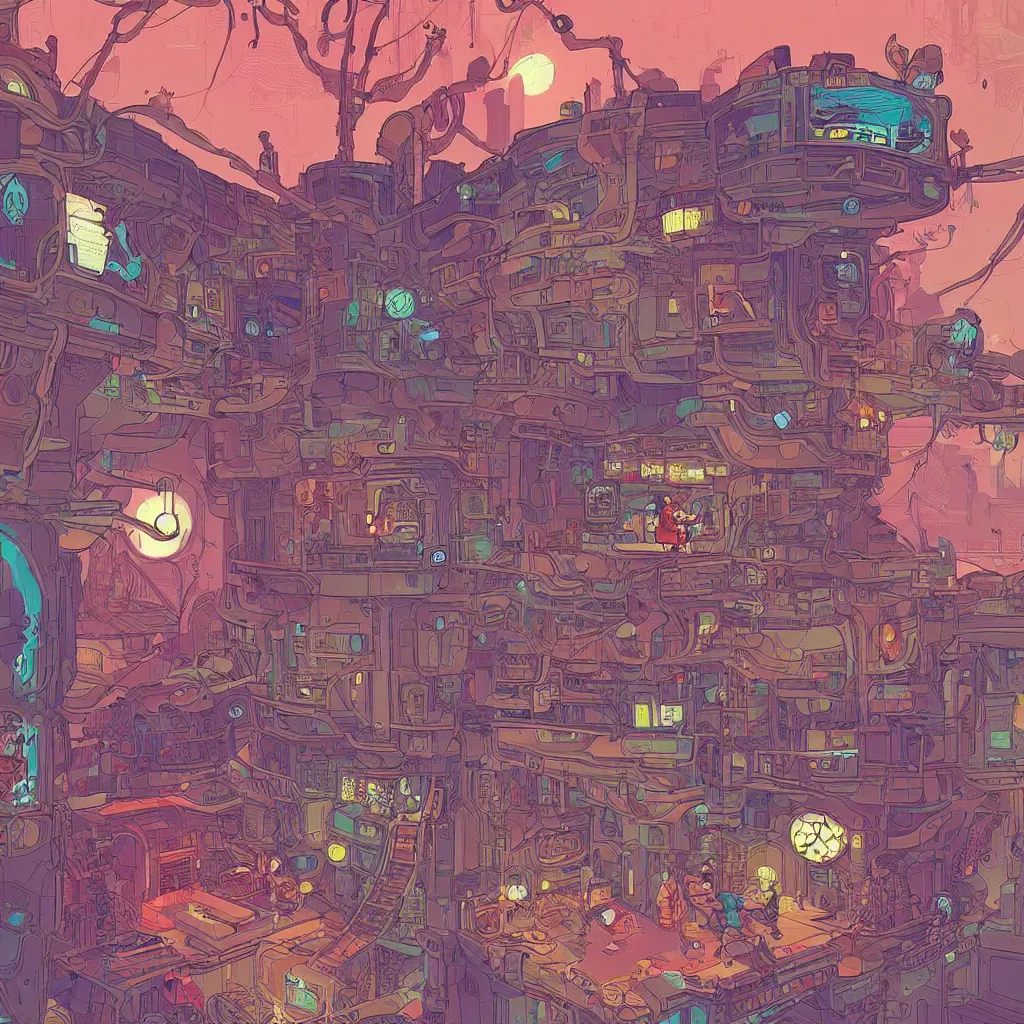 Image similar to Stunningly intricate illustration of an explorer playing video games in his treehouse, wearing cyberpunk headpiece, highly detailed, midnight, by Josan Gonzalez and James Gilleard , Moebius, Laurie Greasley