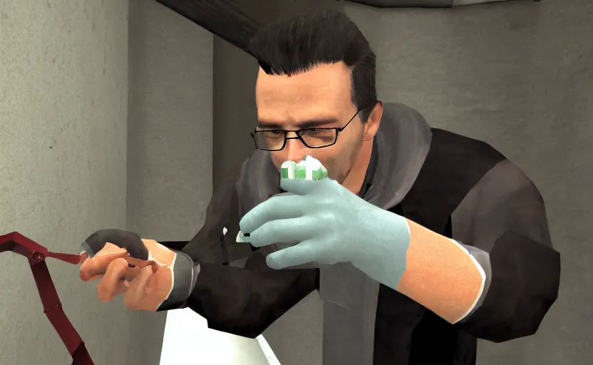 Image similar to half life 1 scientist eating chunks out of the test sample