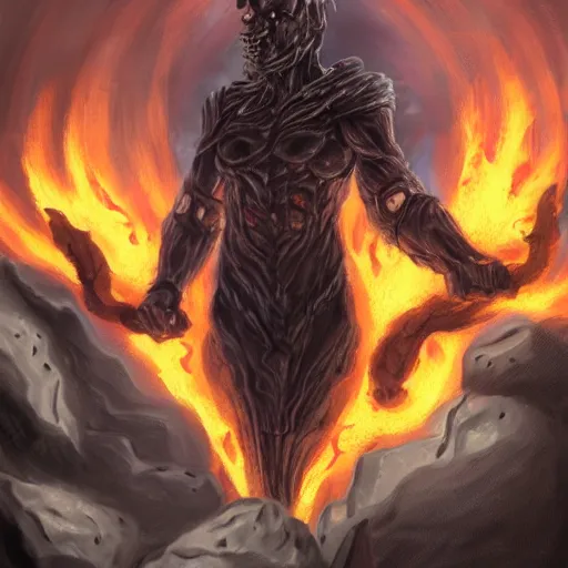 Image similar to fantasy concept art of an evil man with his body fully covered in burns shooting black fire out of his hands standing menacingly on a boulder, high detail