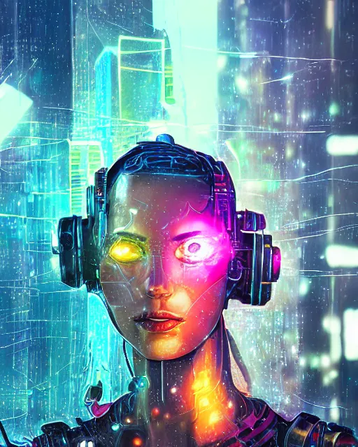 Prompt: a cyberpunk close up portrait of cyborg greek goddess, electricity, sparks, bokeh, soft focus, sparkling, glisten, water drops, cold, dark, geometric, temples behind her, by paul lehr, jesper ejsing