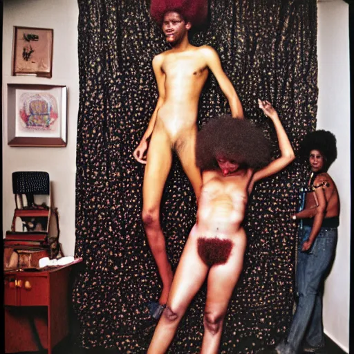 Prompt: afro woman on ball room, by nan goldin, 7 0 s, queer community, photograph