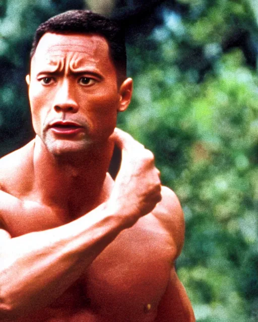 Prompt: film still close up shot of dwayne johnson as forrest gump in the movie forrest gump. photographic, photography