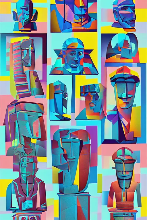 Image similar to cubist moai statue cutout digital illustration cartoon colorful beeple