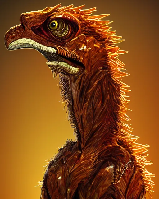 Prompt: beautiful velociraptor as honey, made of honey, wearing honey - themed miniskirt, award winning creature portrait photography, extremely detailed, artstation, 8 k, sensual lighting, incredible art, wlop, artgerm, backlit, rim lighting