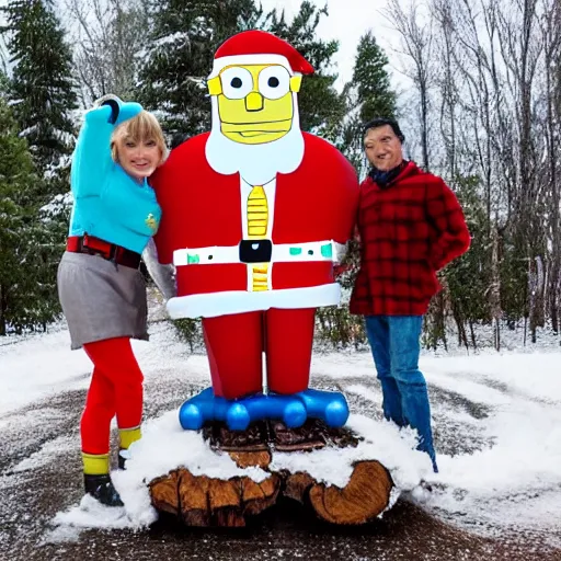 Prompt: robot santa and spongebob ride a tree log down an icy slope