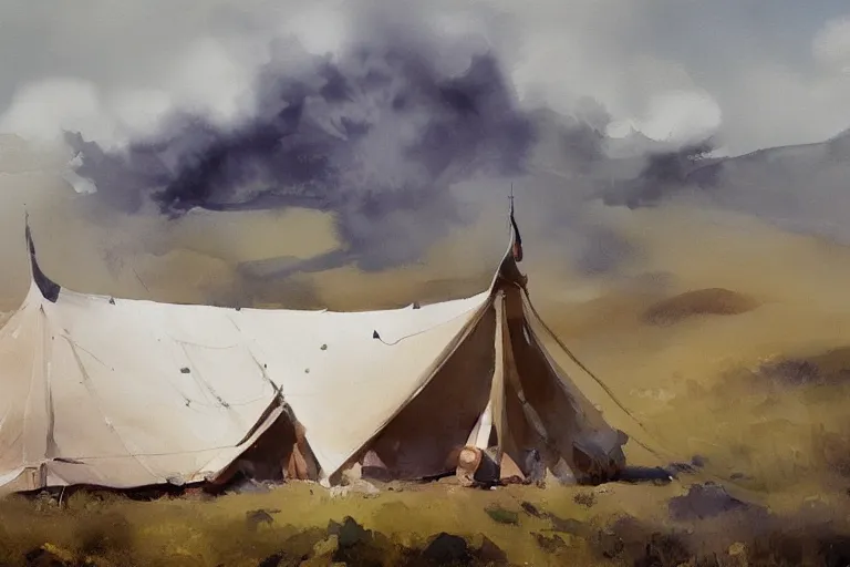 Prompt: small centered on white watercolor paper, paint brush strokes, abstract watercolor painting of hunter tent camp, scandinavia, smoke, midday sharp light, cinematic light, american romanticism by hans dahl, by jesper ejsing, by anders zorn, by greg rutkowski, by greg manchess, by tyler edlin