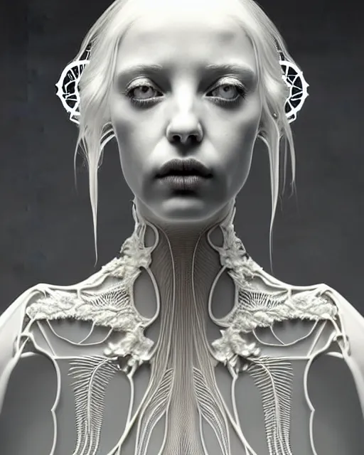 Image similar to dreamy soft luminous bw 3 d octane render, beautiful spiritual angelic biomechanical albino girl cyborg with a porcelain profile face, very long neck, rim light, big leaves and stems, roots, fine foliage lace, alexander mcqueen, art nouveau fashion embroidered collar, steampunk, silver filigree details, hexagonal mesh wire, mandelbrot fractal, elegant