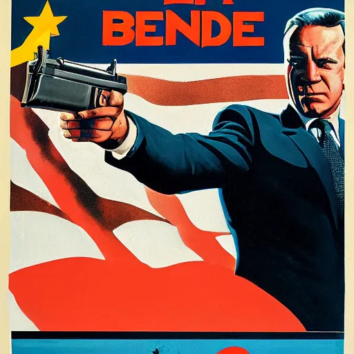 Image similar to propaganda poster of joe biden pointing gun directly at camera in james bond movie, closeup of gun, visible barrel and grip by j. c. leyendecker, bosch, lisa frank, jon mcnaughton, and beksinski